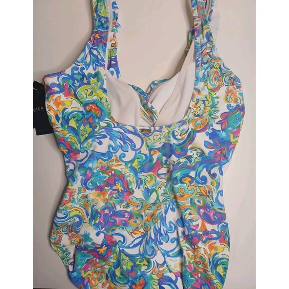 LAUREN Ralph Lauren Swimsuit Sz 14 Ruffle V-neck One Piece Multi Print $160 NWT - Picture 8 of 16